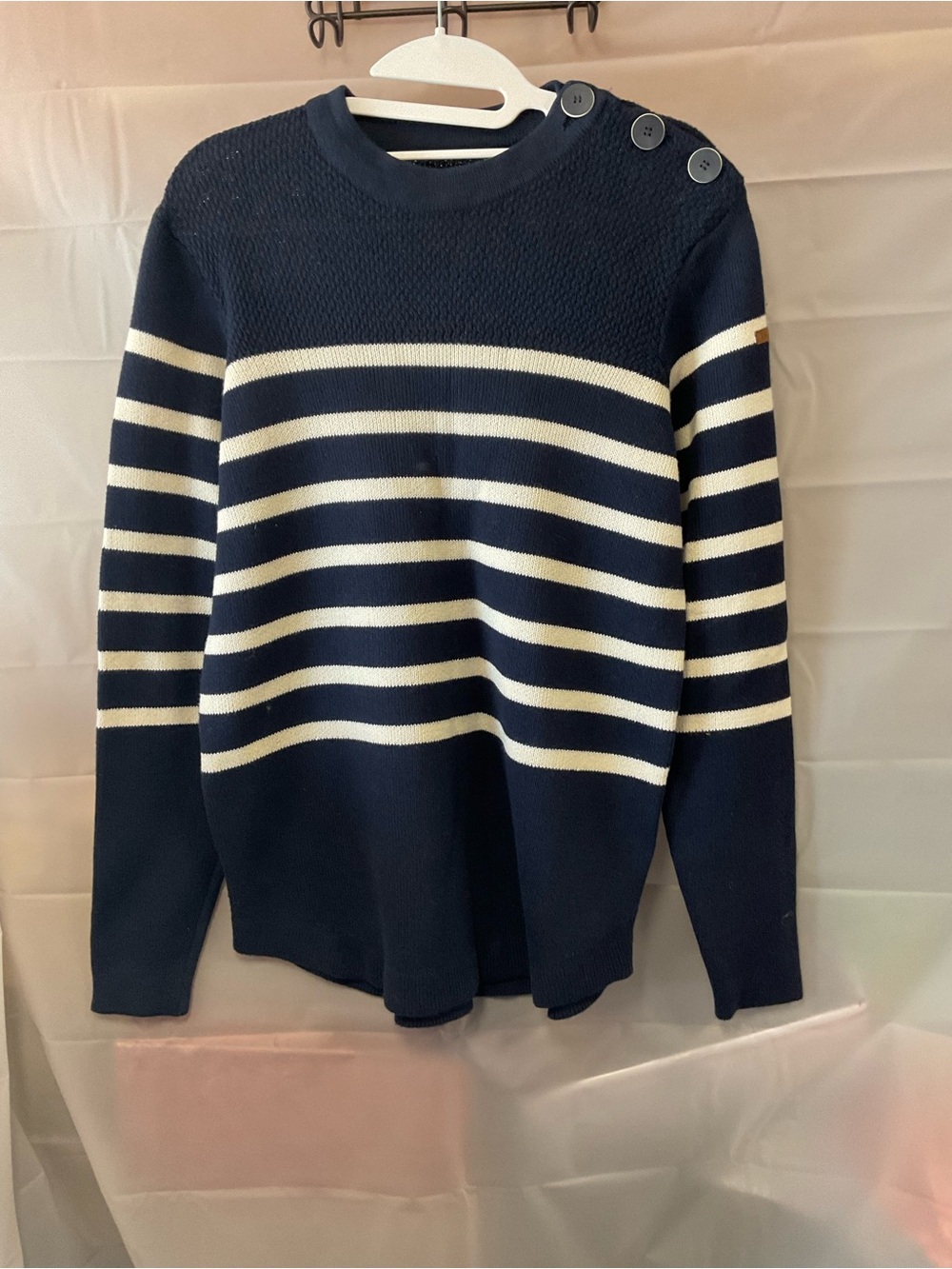 Women's Navy and Cream Striped Crewneck Button-Shoulder Sweater